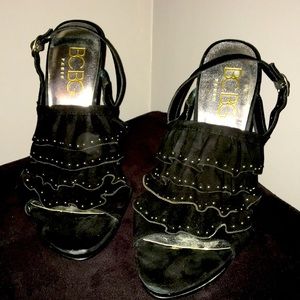 BCBG Paris “Draven” black ruffled heels with tiny studs on ruffles. Size 9